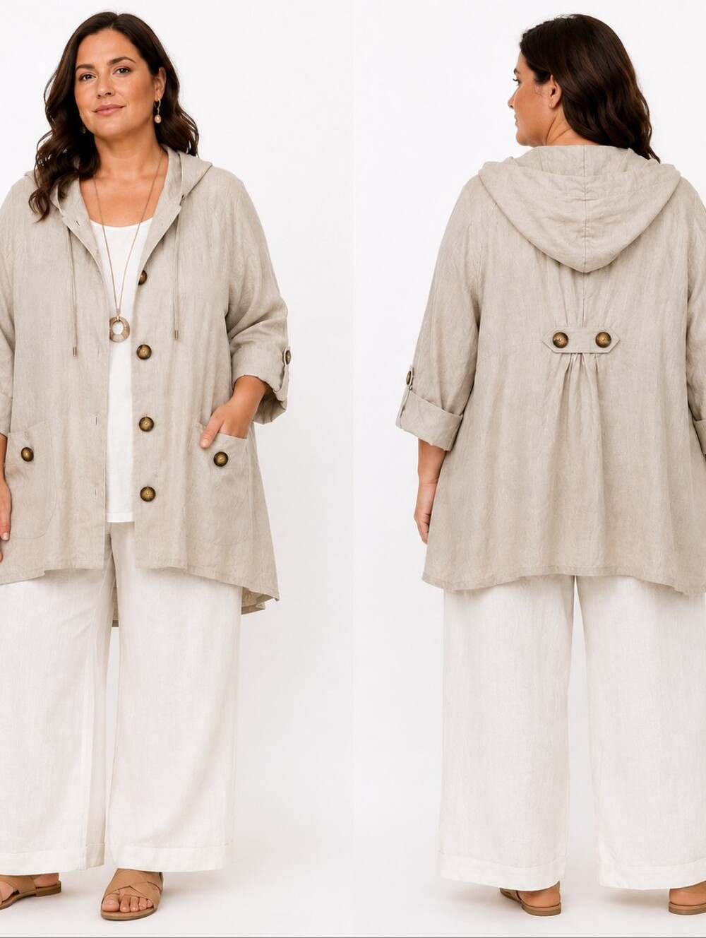 For Cynthia Linen Hooded Jacket 1X Beige Cuffed Sleeve Neutral Coastal Lagenlook